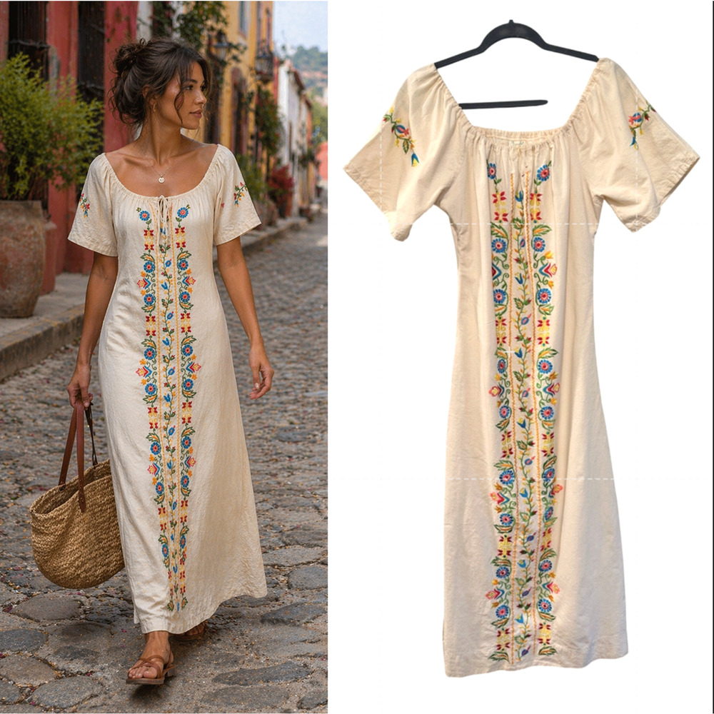 Vintage Mary Vi BARBADOS Floral Embroidered Maxi Dress Mexico Folk Cotton MINT M - Picture 13 of 15